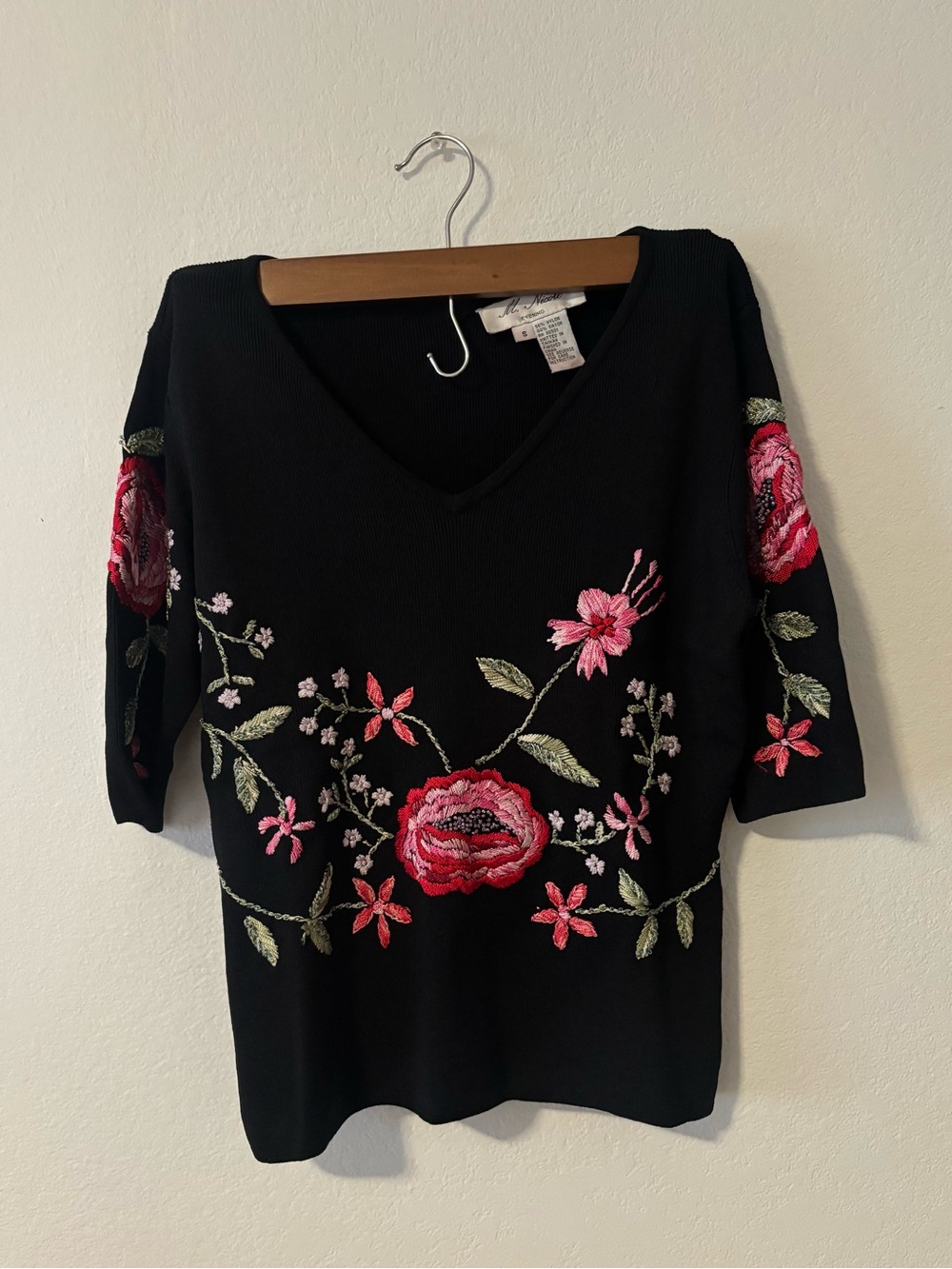 Nicole Black V-Neck Floral Embroidered Top with Pink Rose Accents